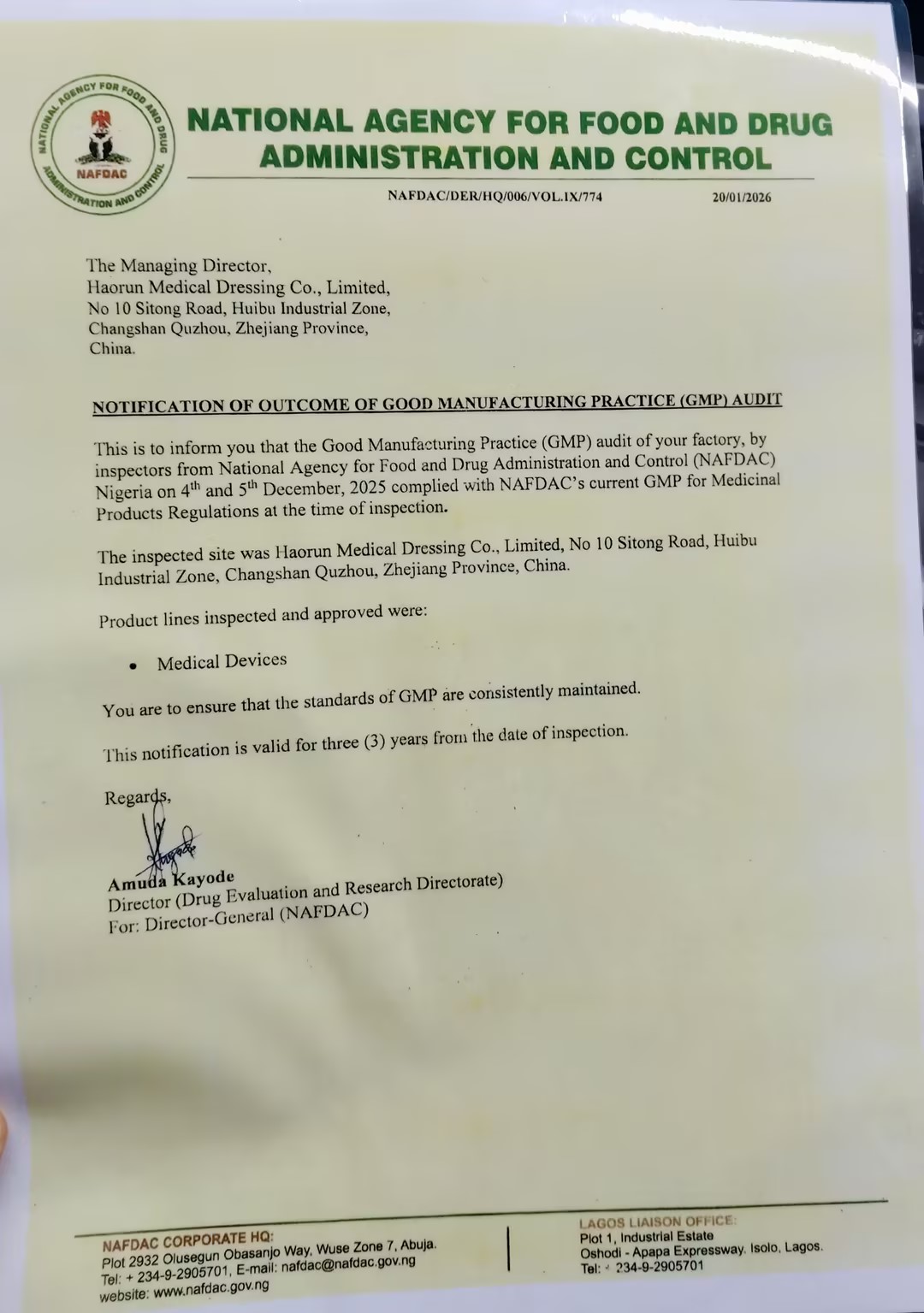 Haorun Medical Products saavat virallisesti NAFDAC-rekisteröintisertifikaatin Nigeriassa